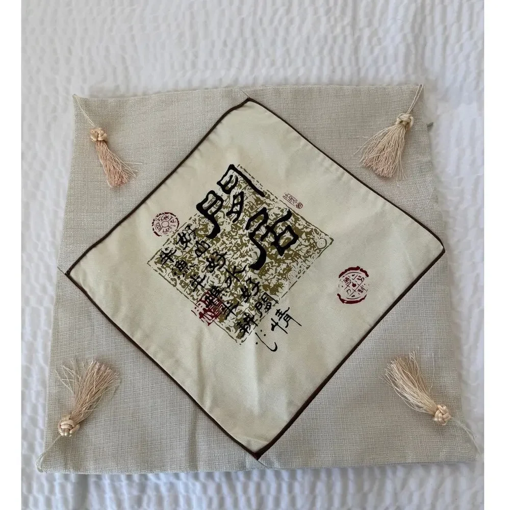 Chinese Calligraphy Decor Pillow Covers Set of 2 17x17 Tassel Asian Zen Decor